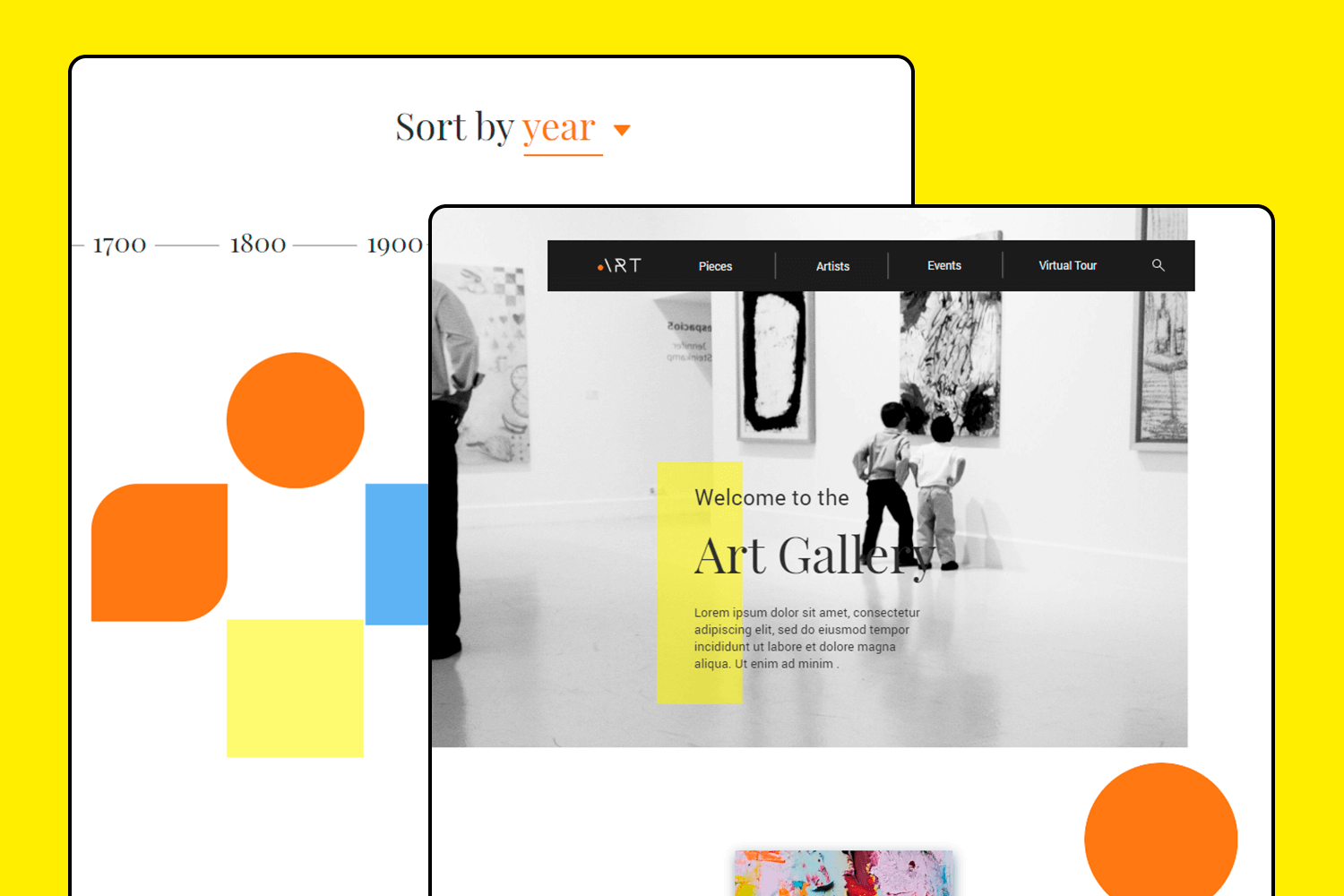 Simple art gallery website design with easy year-based sorting and bright accent colors