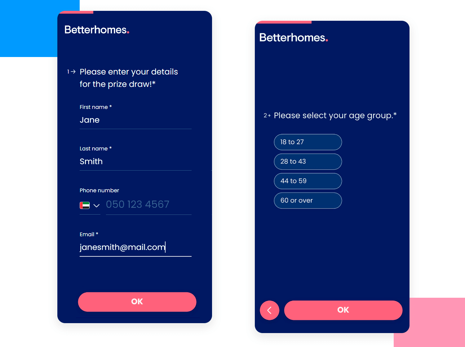 Betterhomes survey form on a mobile screen asking for personal details and age group selection.