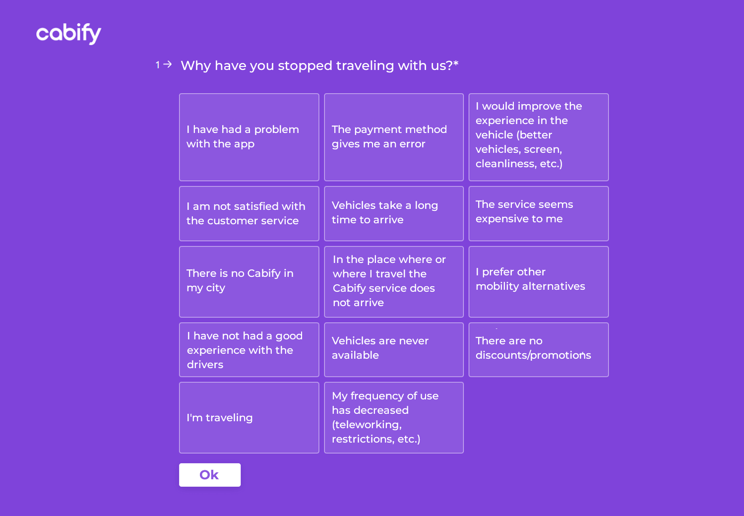 Cabify survey screen asking users why they stopped using the service