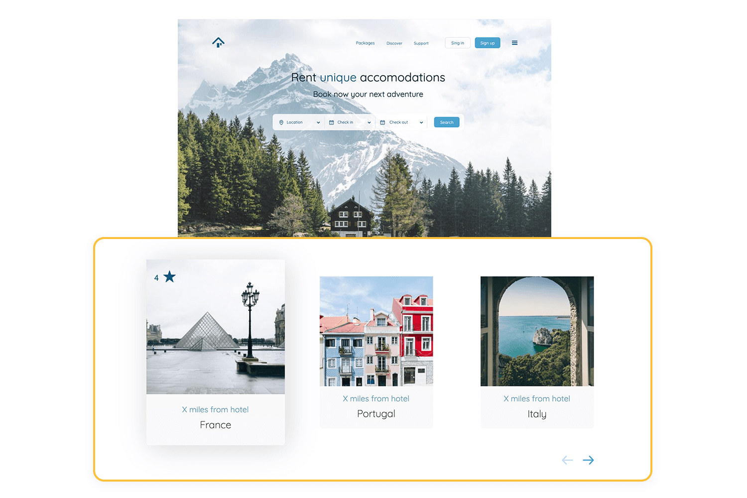 A travel website featuring unique accommodations with options to explore destinations like France, Portugal, and Italy