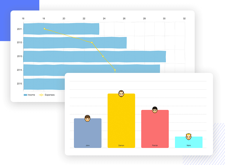 Charts UI kit for dashboard design - columns, bar, lines and icons