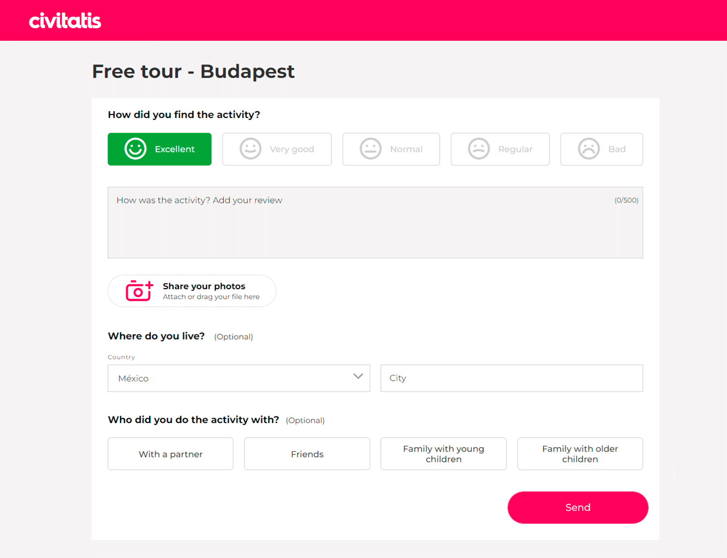 Civitatis survey about a free tour in Budapest, asking for feedback and additional details