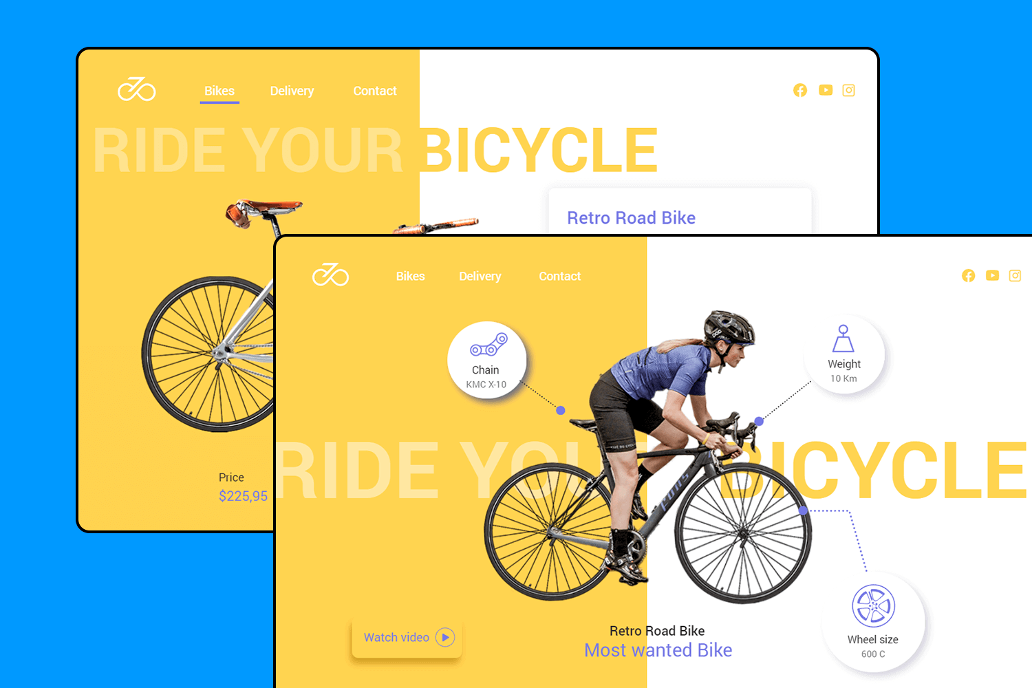 Custom bikes store UI design with a bright yellow theme, showing product details with interactive features and a clean layout.