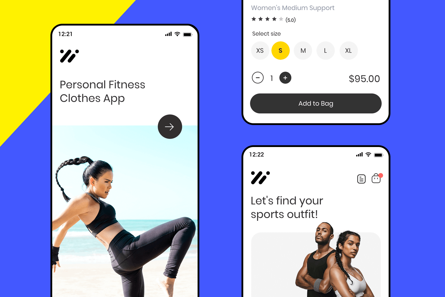 A clean mobile UI design for a fitness clothing app, featuring simple navigation, product browsing, and easy size selection