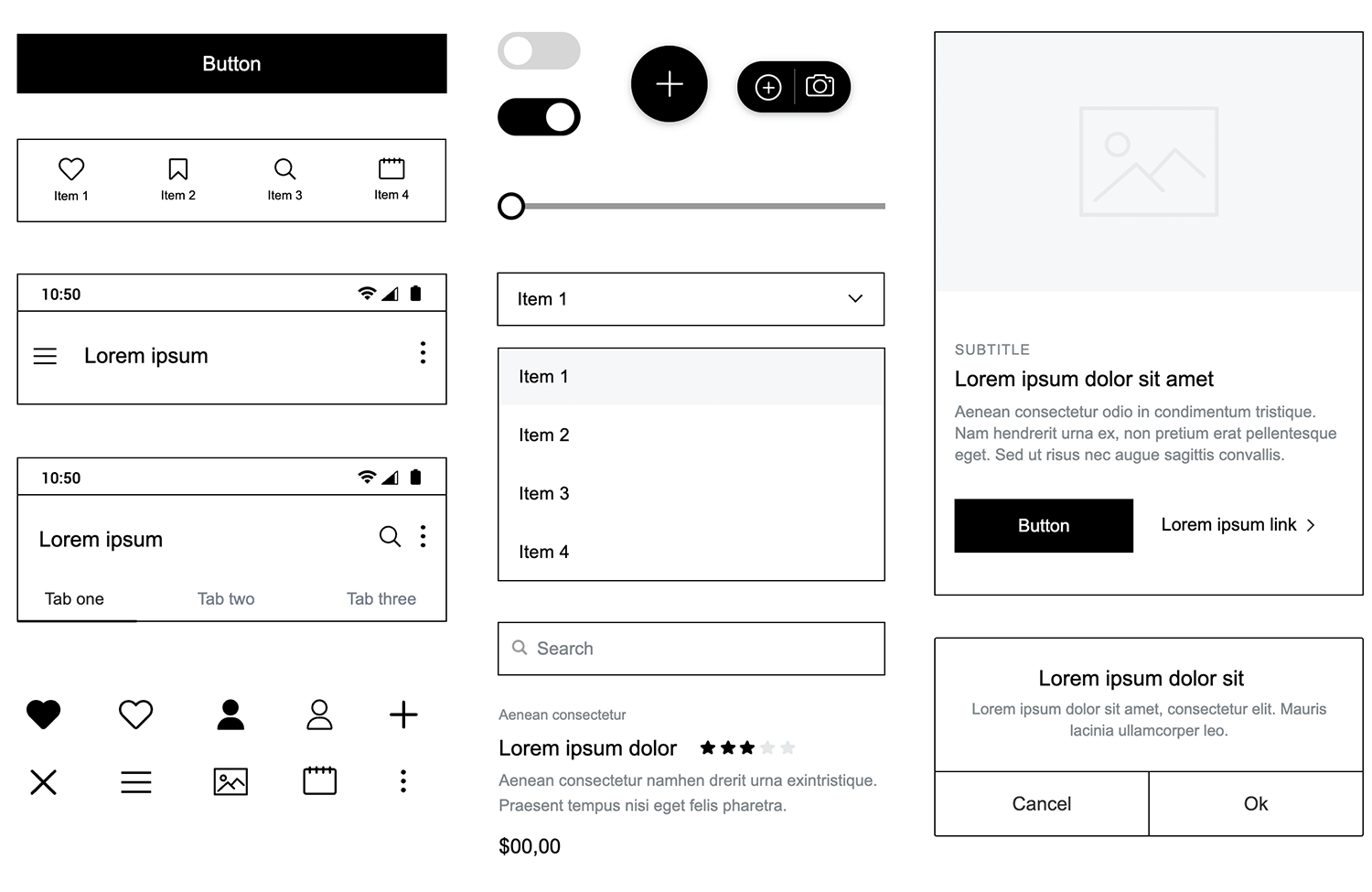 Various wireframe elements for a mobile app, including buttons, tabs, and icons.