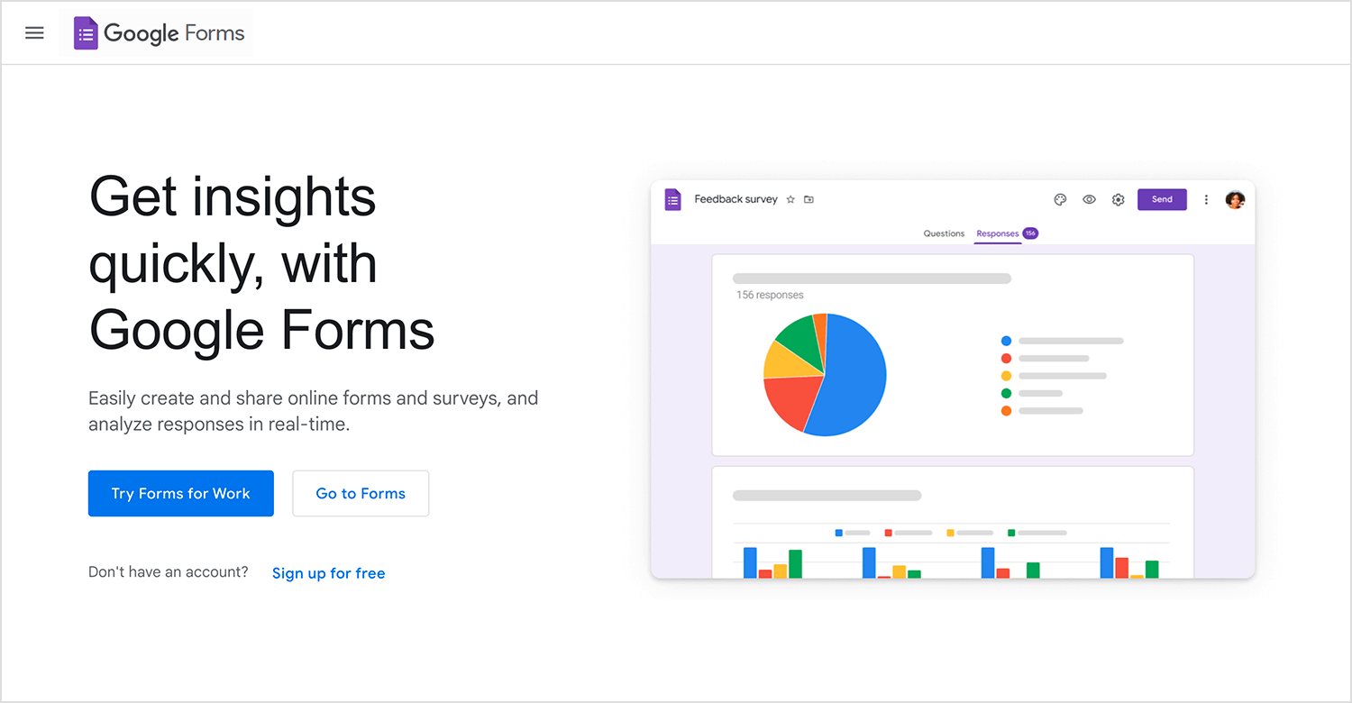 Google Forms homepage highlighting quick insights, online forms, and survey creation.