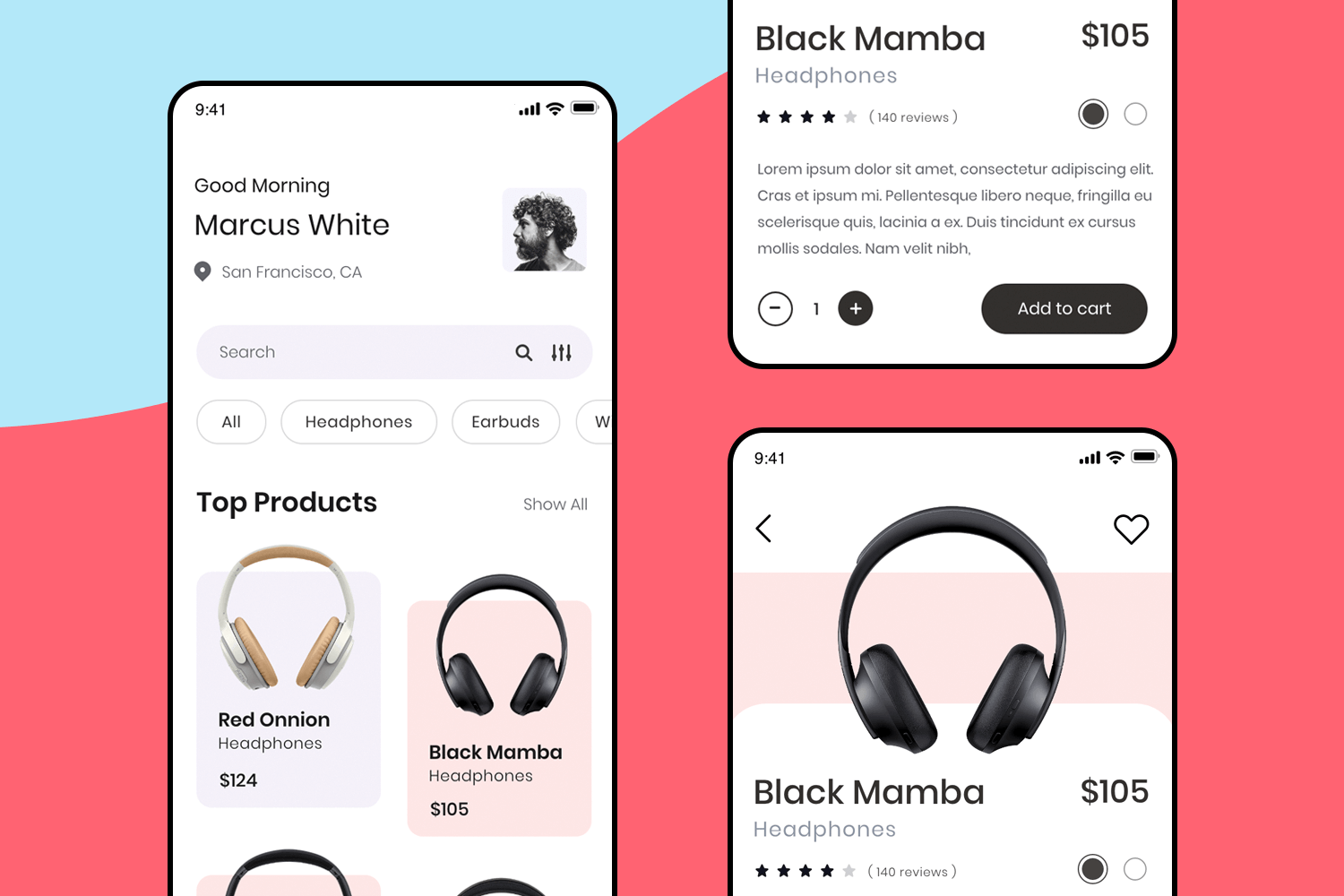 UI design example of a headphones eCommerce app interface