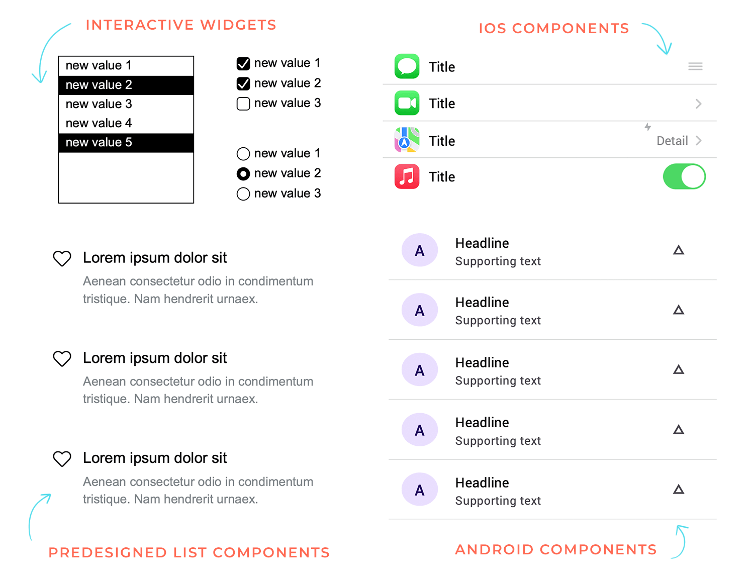 Interactive UI elements, iOS and Android list components, showcasing various widget and list design elements for mobile apps.