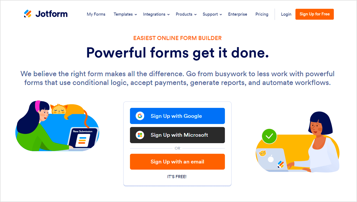 Jotform homepage showcasing survey tool features with sign-up options via Google, Microsoft, or email.