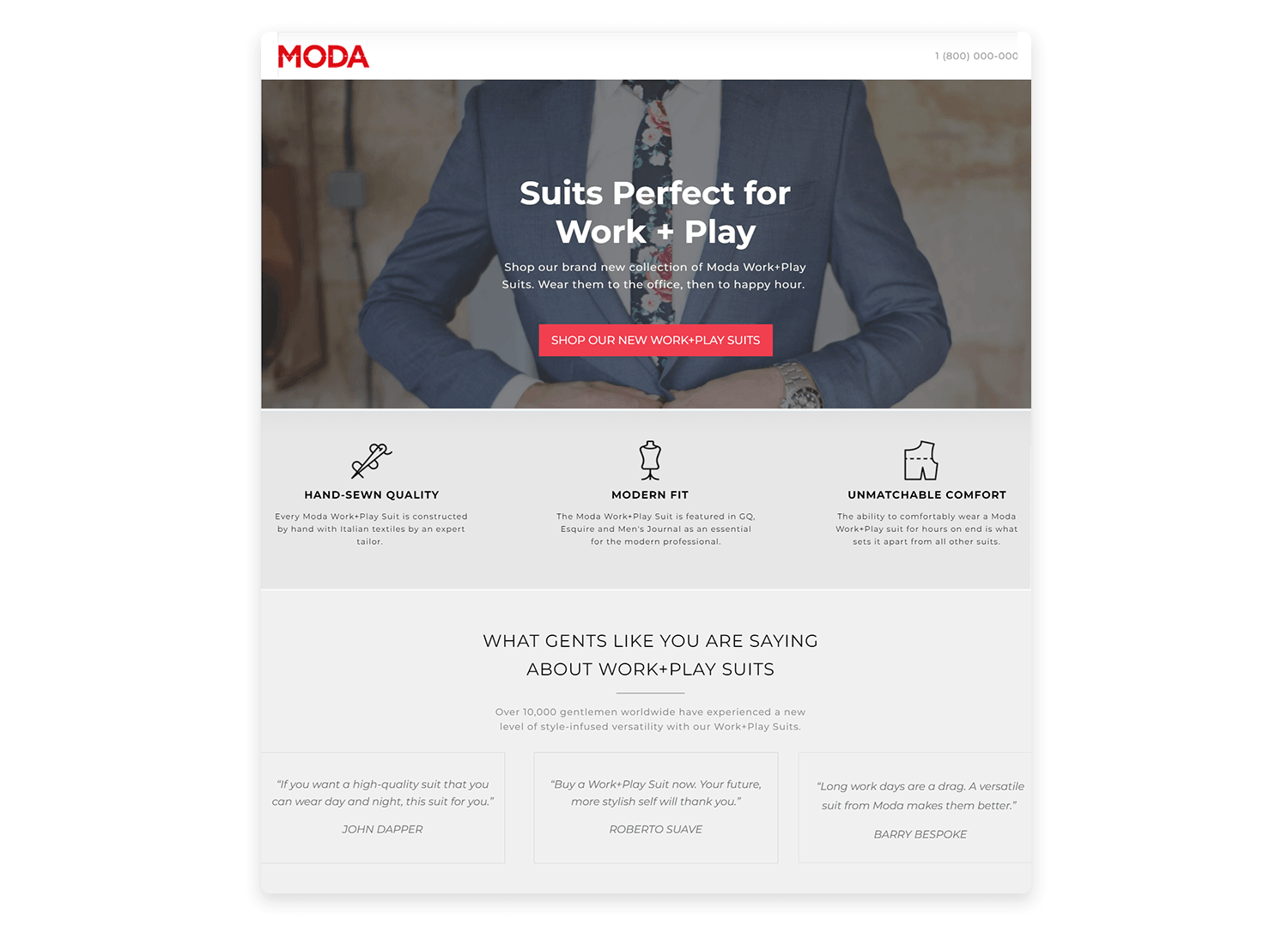 landing page design moda