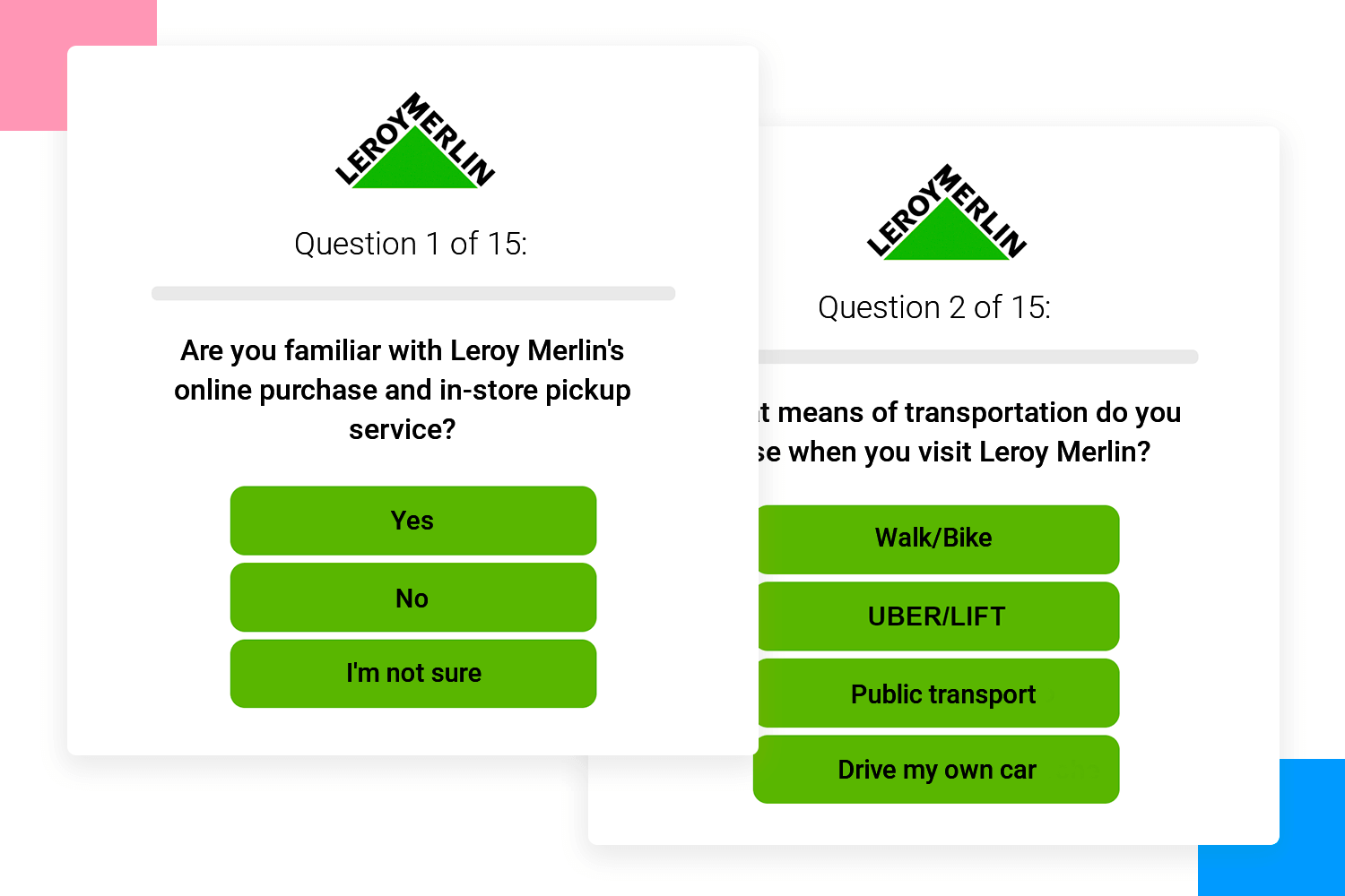 Leroy Merlin survey asking about knowing their services and transport options for store visits