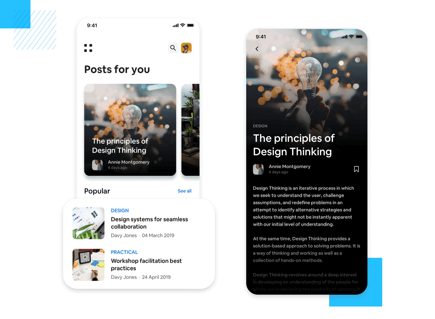 Mobile UI design showcasing a list of design thinking articles in a content browsing app