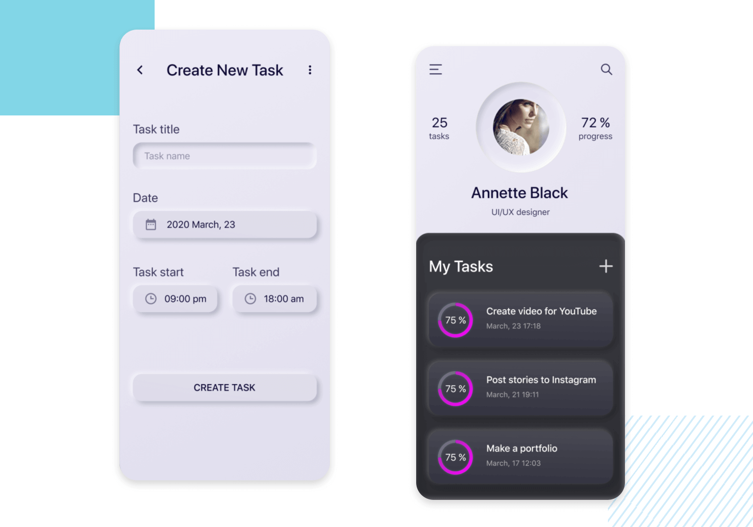 Mobile UI design for a task management app with a clean, minimalist interface