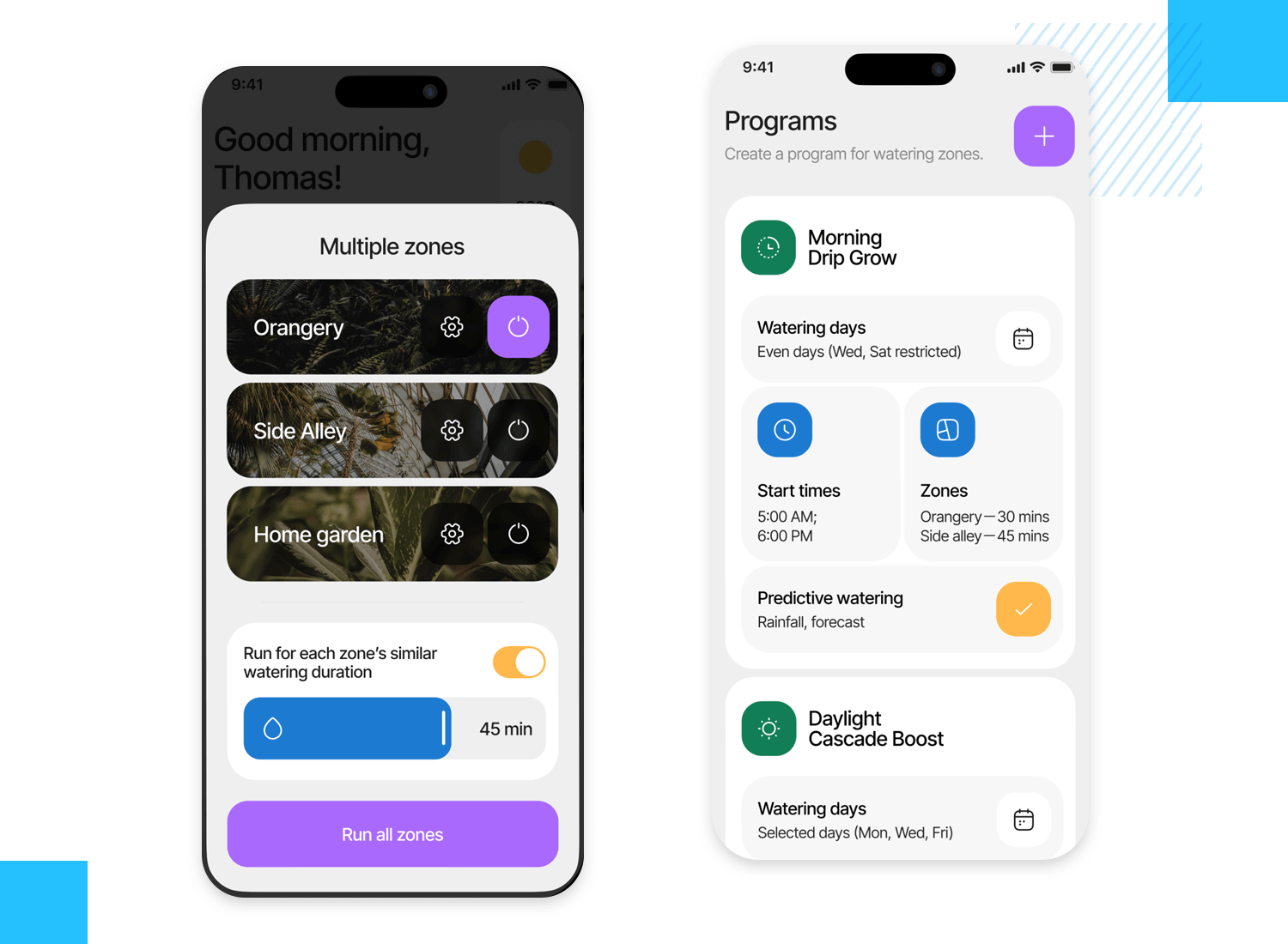 Mobile UI list design for a watering app, showcasing different zones and settings