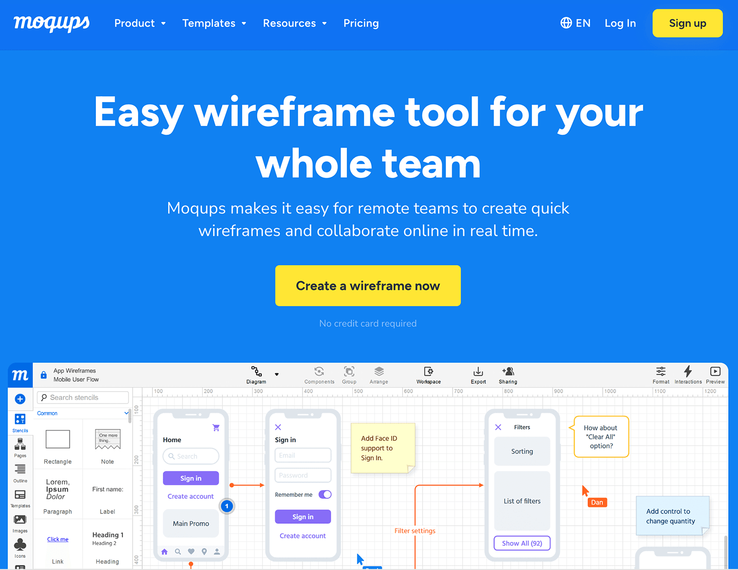 Moqups low-fidelity wireframe tool interface.