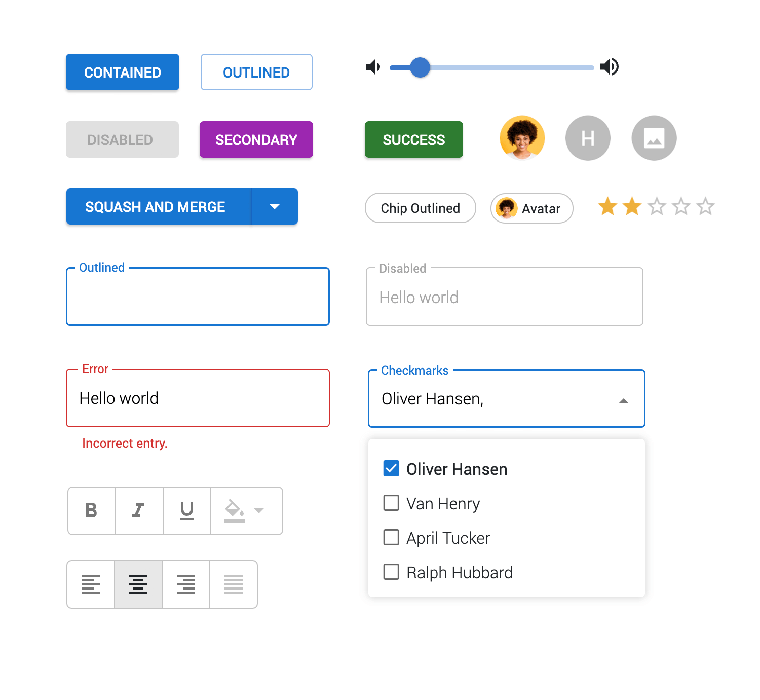 MUI library kit preview of elements