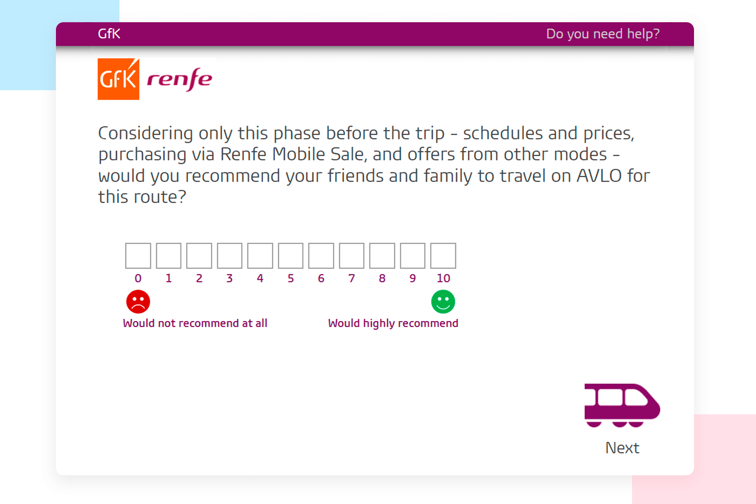 Renfe survey question asking how likely you are to recommend AVLO route, rated from 0 to 10