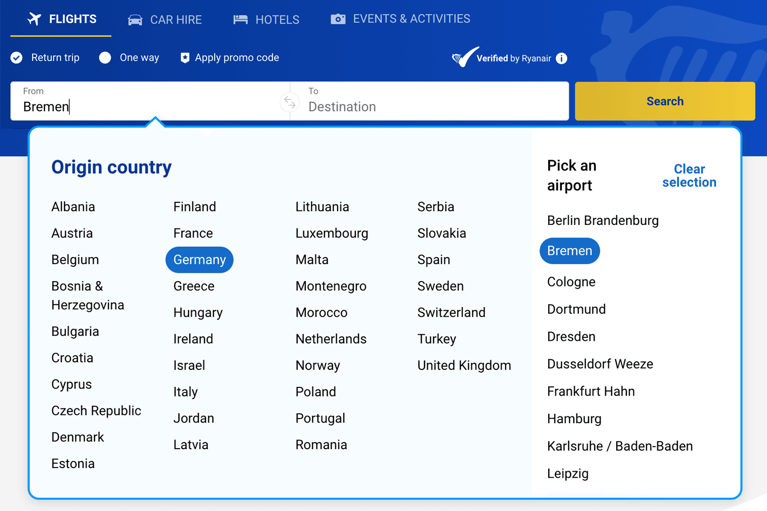 ryanair mega menu dropdown example