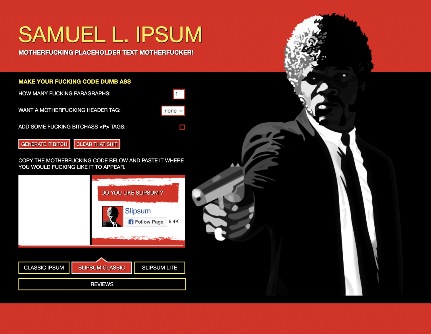 Samuel L. Lorem Ipsum alternative with a Pulp Fiction theme and bold language options