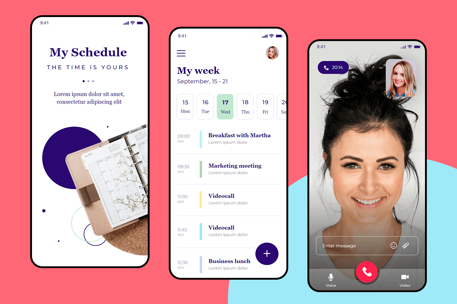 Mobile scheduling app UI with weekly planner, event list, and video call screen