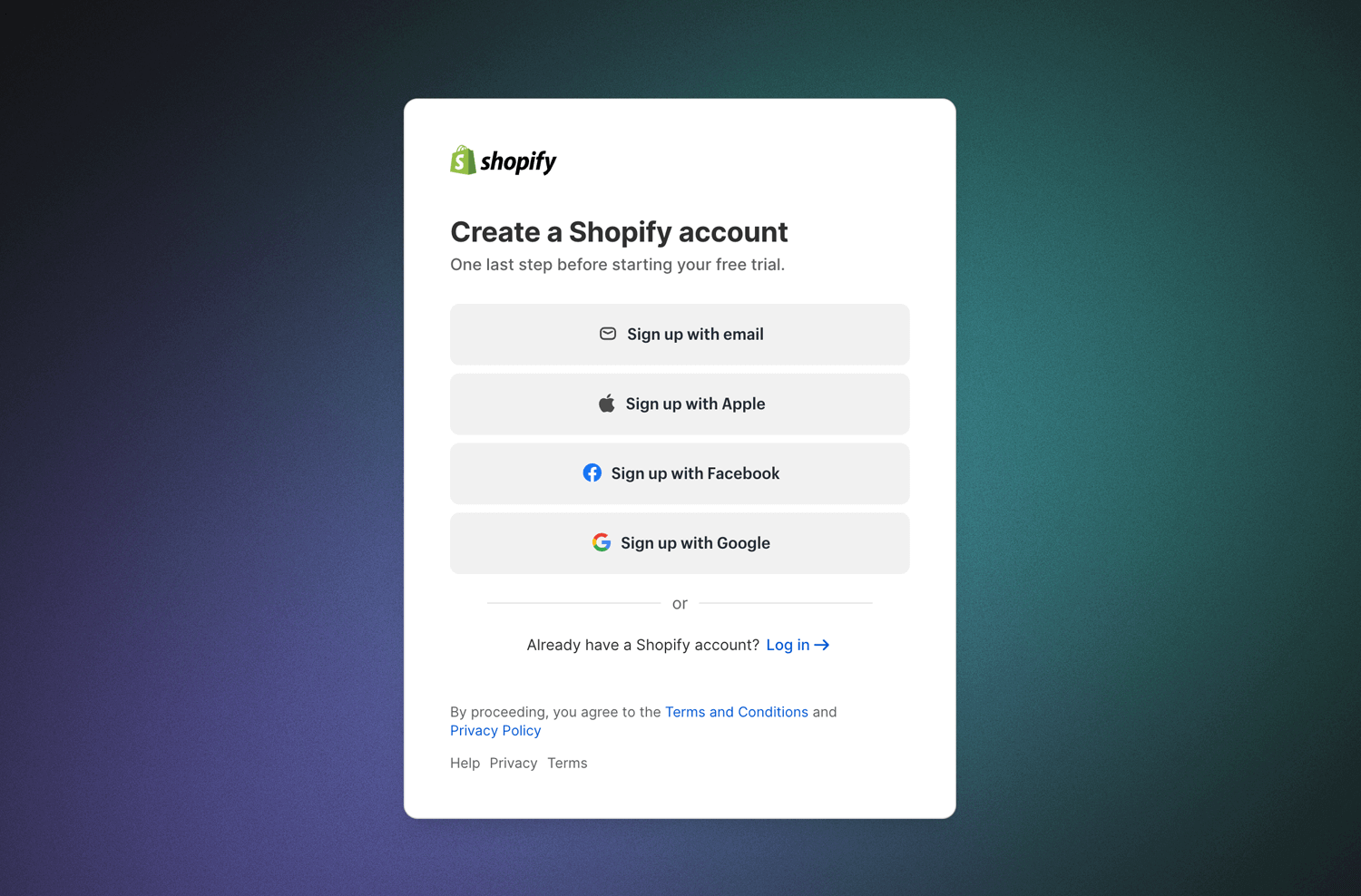 shopify's signup page