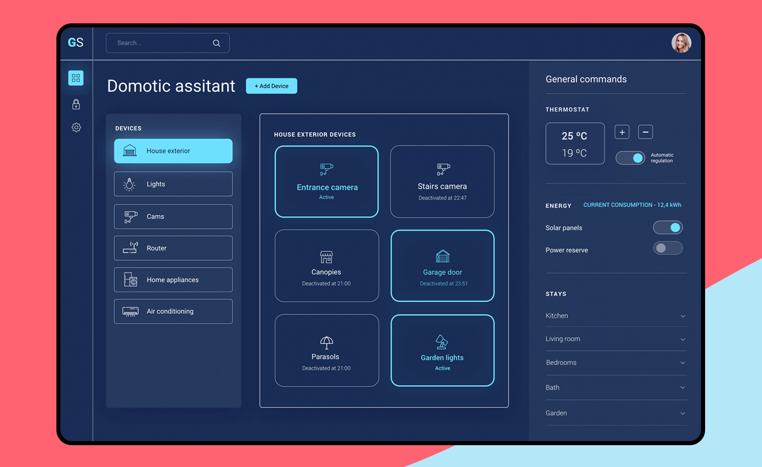 Smart home dashboard UI design example with a dark theme and organized control panel.