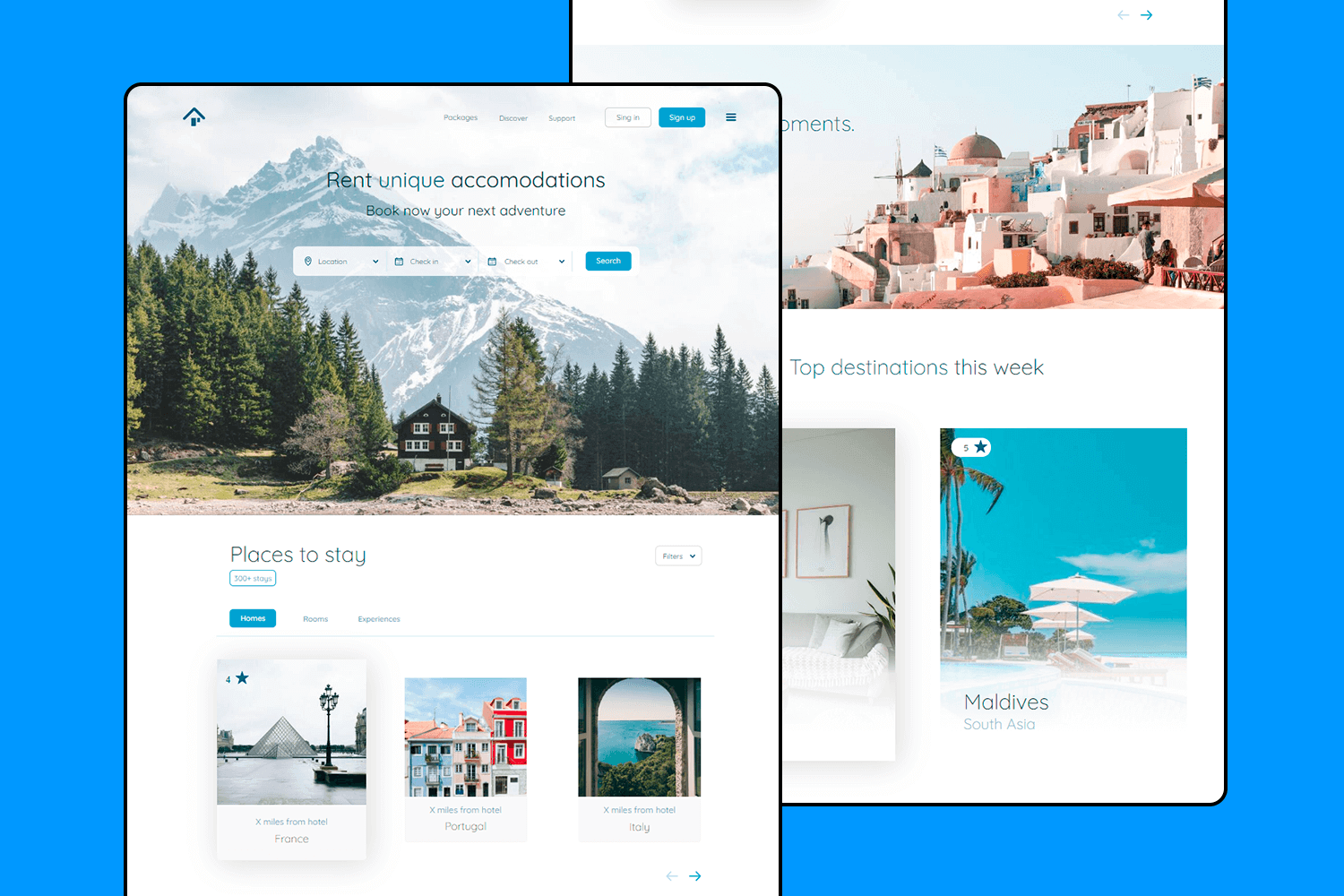 UI design example showcasing a travel website with unique accommodations, including a mountain cabin and popular global destinations