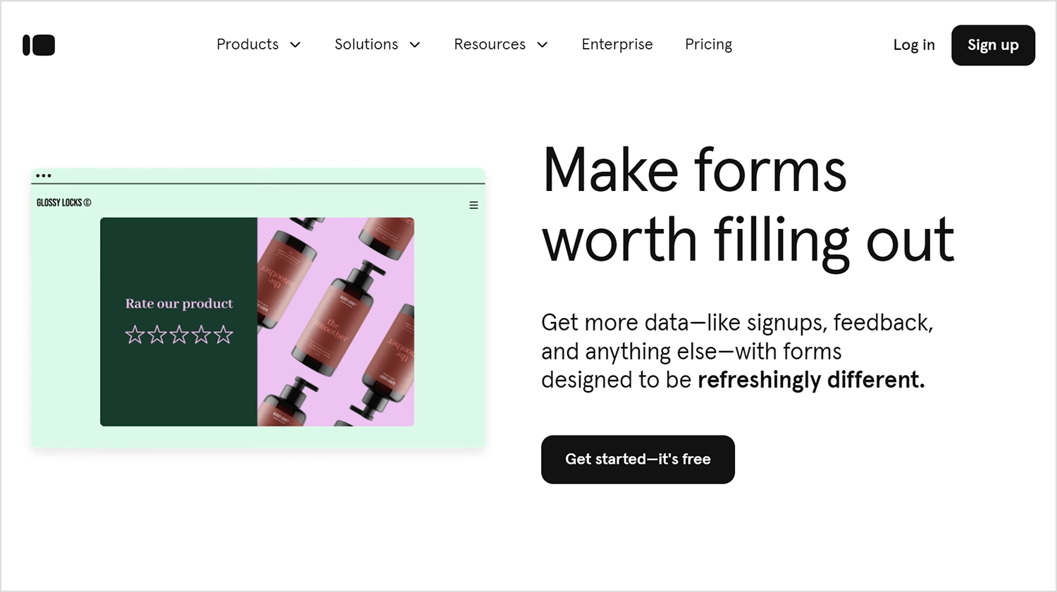 Typeform homepage promoting form creation for collecting data, featuring a sample product rating form