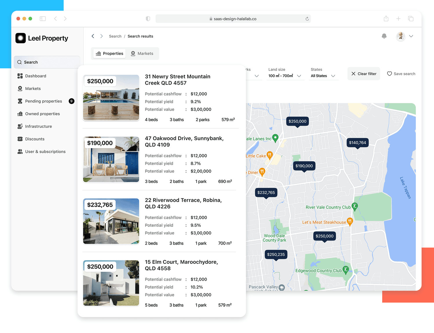 Property search UI list design with map integration for easy browsing