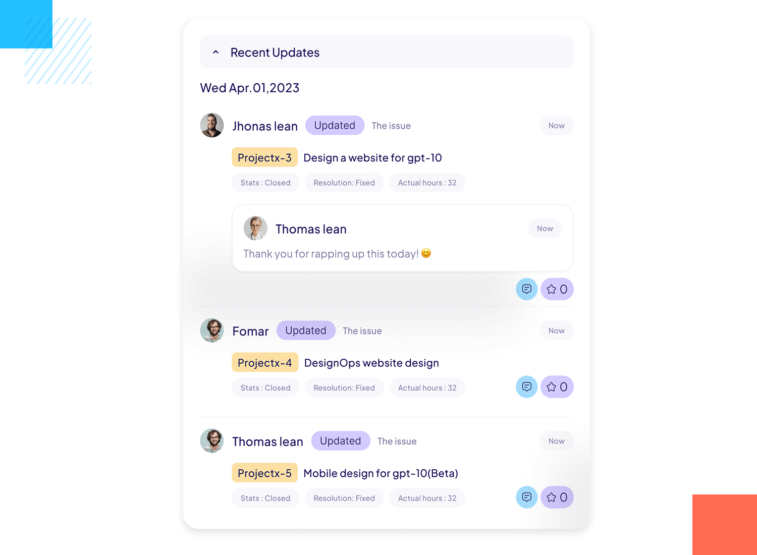 Project management dashboard UI design with recent updates and task details