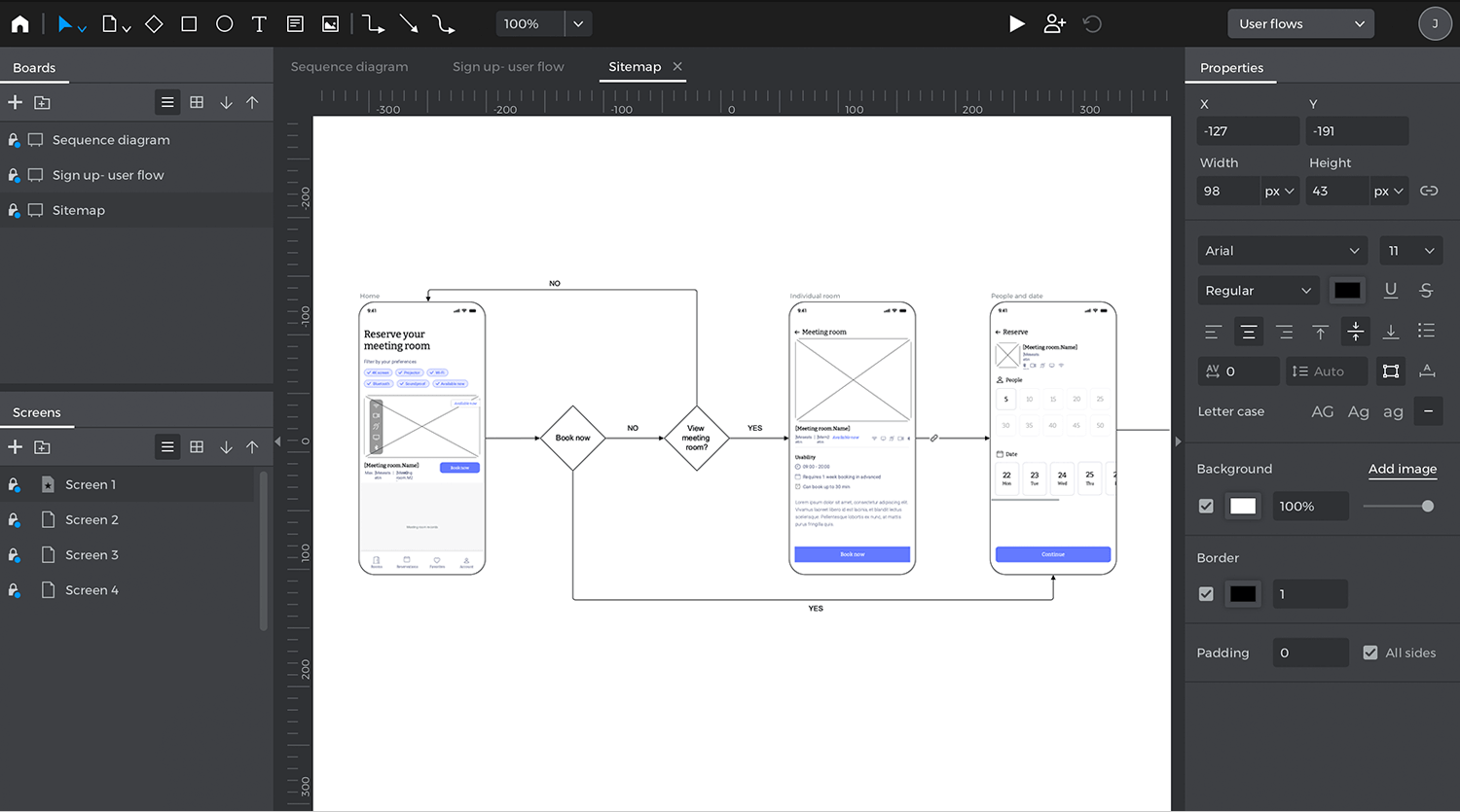 Showing justinmind as user flow tool with the scenarios module