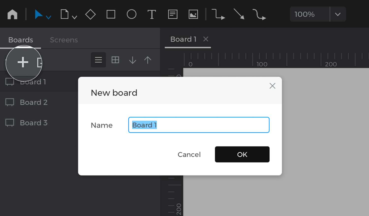 Creating a new board in Justinmind scenario editor