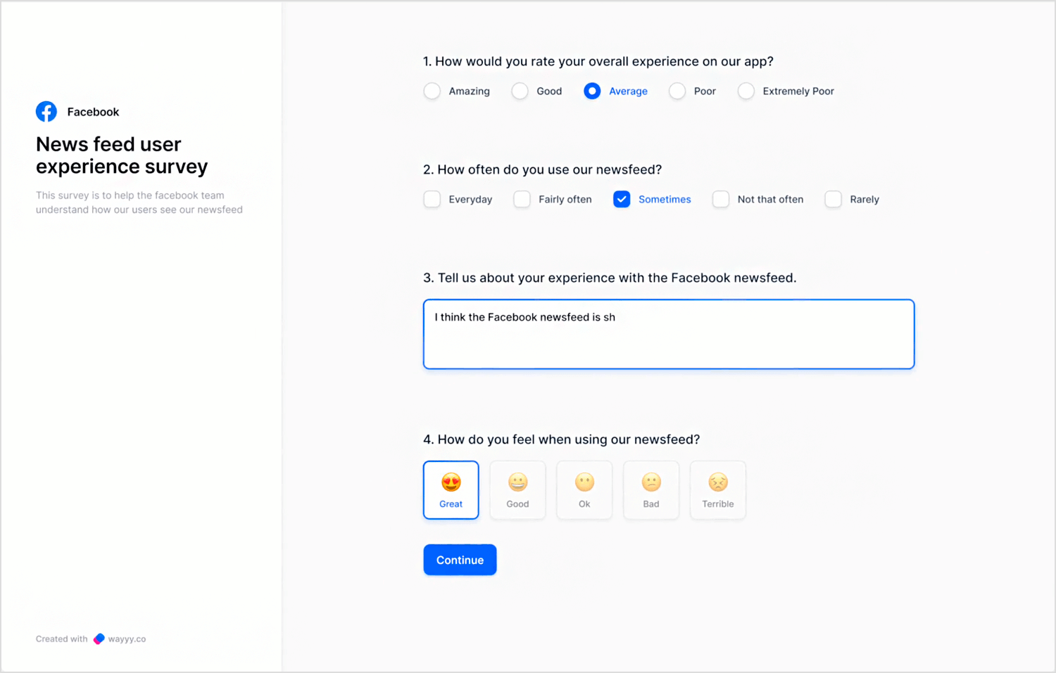 Facebook news feed user experience survey with rating options and feedback fields