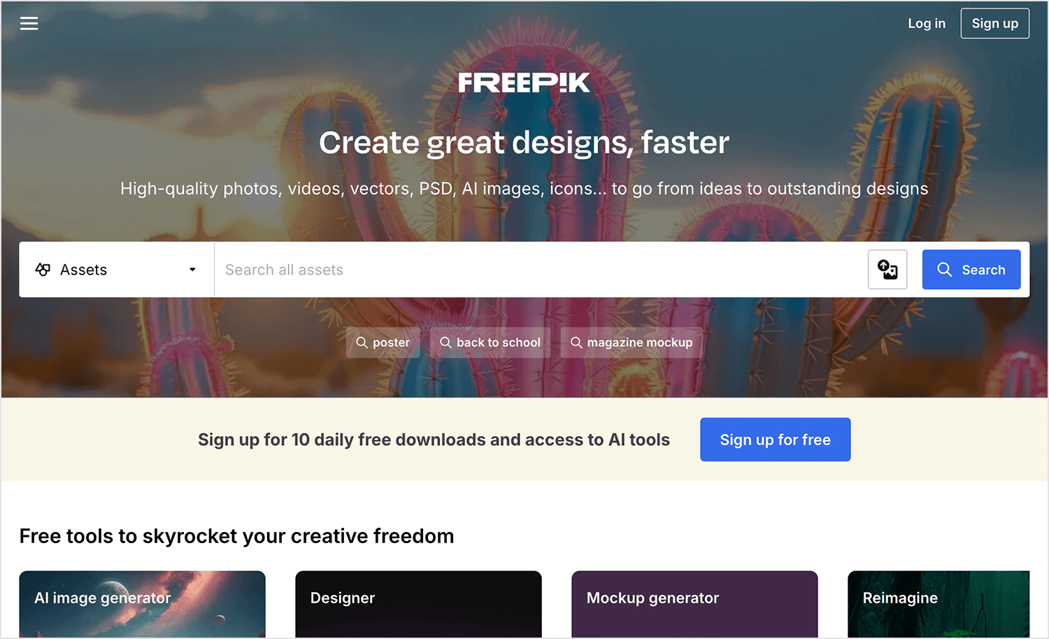 Freepik homepage showcasing high-quality photos, vectors, PSD, and AI resource