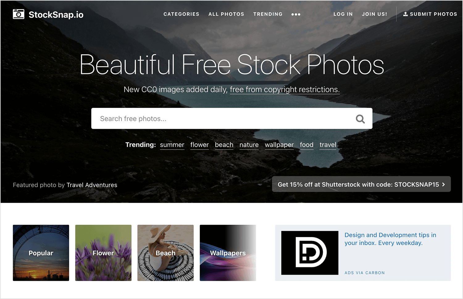 StockSnap homepage showing free stock photos