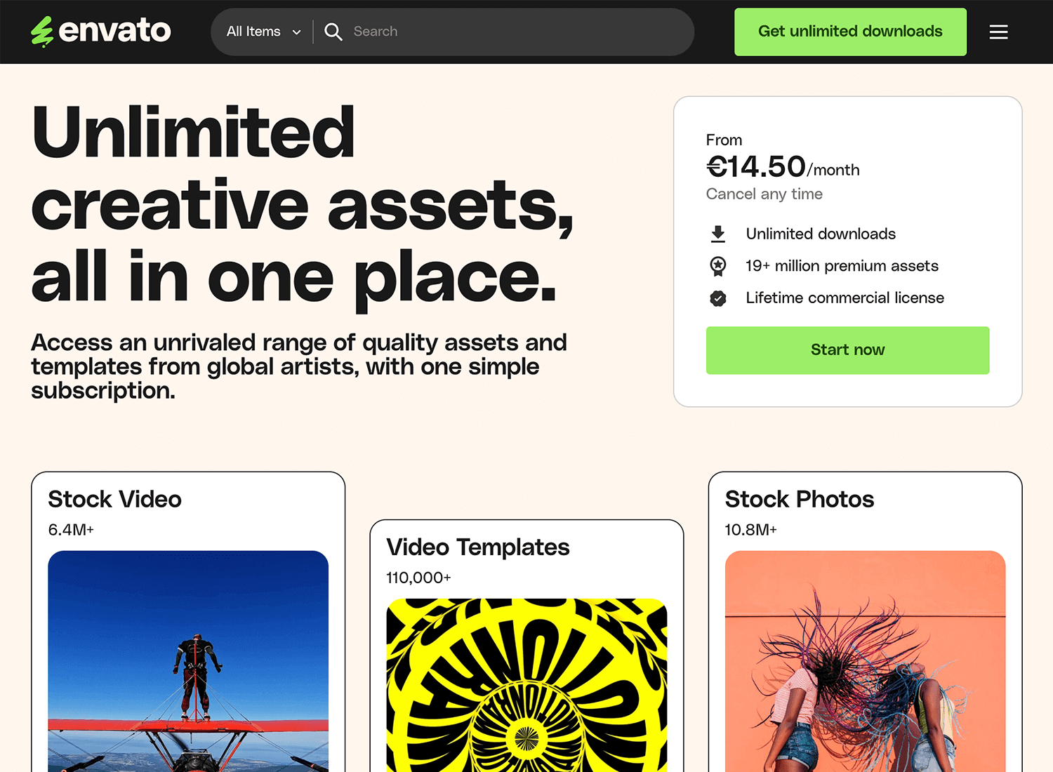 Envato Elements homepage showcasing unlimited creative assets subscription, including stock video, photos, and templates.