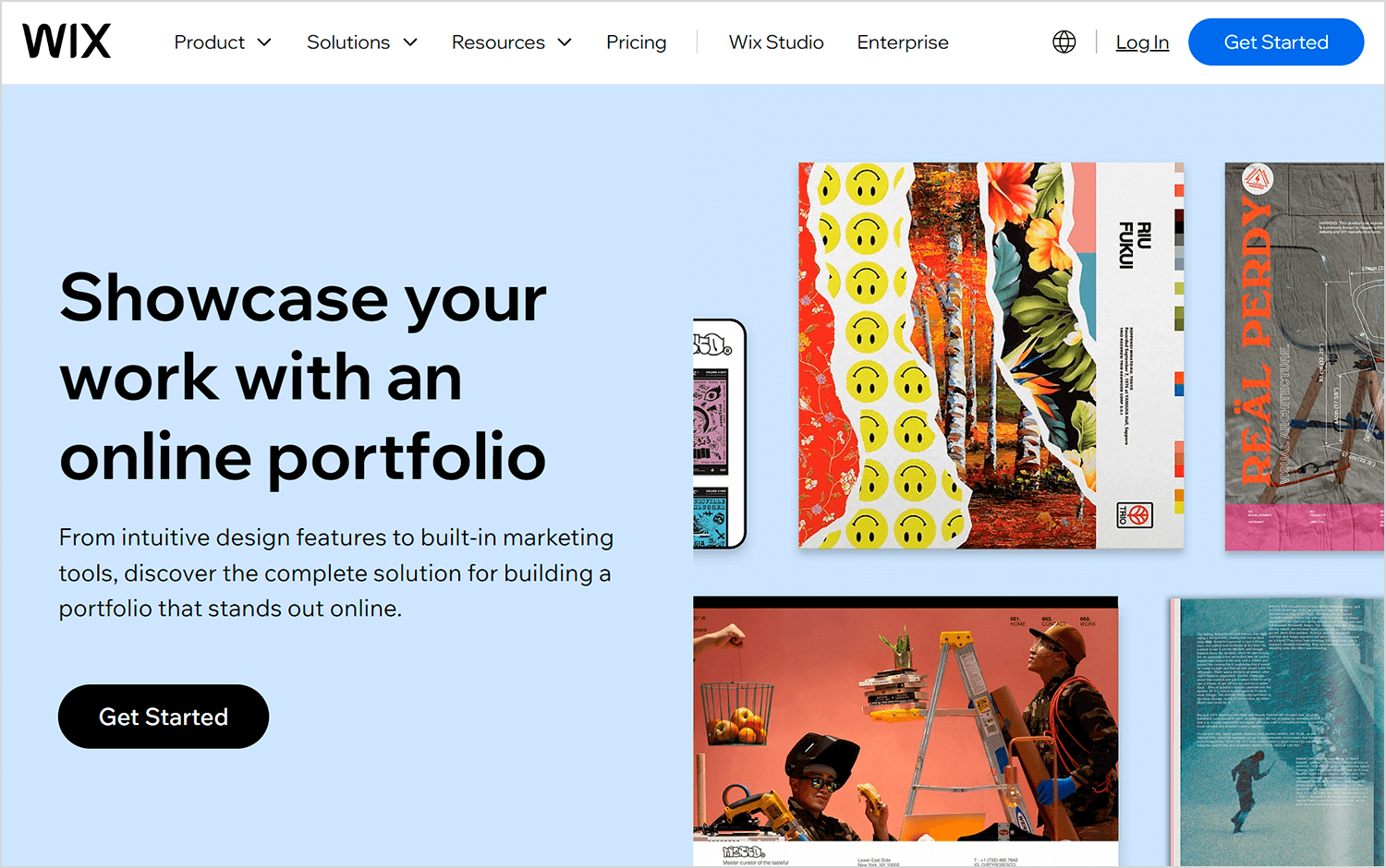 Wix page highlighting features for building an online portfolio with easy design tools and marketing options